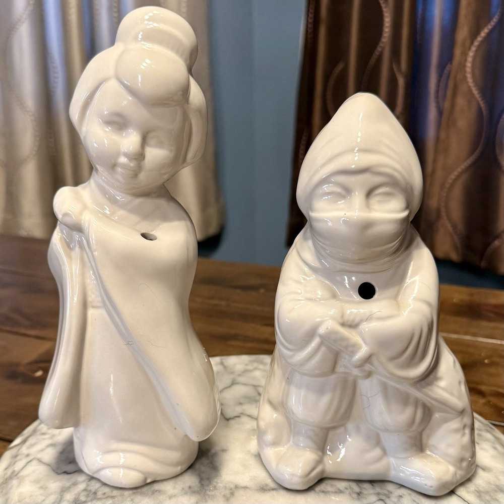 2pc VTG Benihana of Tokyo Geisha Girl & Ninja Ceramic Tiki Mug Incense Burner